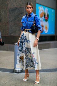 black bag, blue belt, blue denim, christian dior, denim shirt, embroideries, floral, flowers, graphic skirt, high heels, high waist, leather bag, leather belt, leather shoes, pearls, printed skirt, saddle bag, thassia naves, white shoes, white skirt, fashion week, frenchystyle, FW, jonathan paciullo, street style, NEW YORK, NYFW, SPRING SUMMER 2020, SS 20, vertical, full length