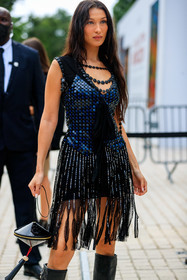 black dress, sequins dress, embroidered dress, pearl embroidered dress, mid long dress, sleeveless dress, high boots, black leather boots, studs boots, varnished bag, vinyl bag, mini bag, hand bag, monogrammed bag, logo printed bag, louis vuitton bag, louis vuitton dress, platform boots, bella hadid, fashion week, frenchystyle, FW, jonathan paciullo, street style, PFW, PARIS, AUTUMN WINTER 2021-2022, FALL WINTER 2021-2022, FW 21-22, vertical, atmosphere details, detail, model