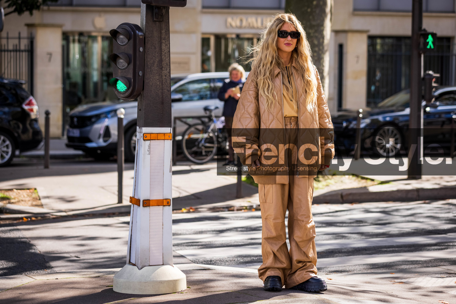 beige coat, beige jacket, beige pants, beige top, black sunglasses, coat, Emili Sindlev, jacket, large pants, leather coat, leather jacket, miu miu look, miu miu looks, pants, plateforme shoes, quilted coat, sunglasses, fashion week, frenchystyle, FW, jonathan paciullo, street style, PFW, PARIS, SPRING SUMMER 2022, SS 22, horizontal, atmosphere details, full length