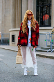 blanca miro scrimieri, red sunglasses, red jacket, black jacket, black cardigan, red cardigan, checked cardigan, white dress, lace dress, floral embroidered dress, long dress, sheer dress, white socks, white leather sandals, hand bag, straw bag, basket bag, light beige bag, golden bag, plaited bag, sequins cardigan, sequins jacket, futurist shape sunglasses, fashion week, frenchystyle, FW, jonathan paciullo, street style, PFW, PARIS, vertical, full length