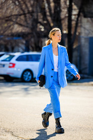 sky blue suit, white shirt, combat boots, platform boots, leather boots, black pouch, mini pouch, bottega veneta pouch, fashion week, frenchystyle, FW, jonathan paciullo, street style, vertical, full length
