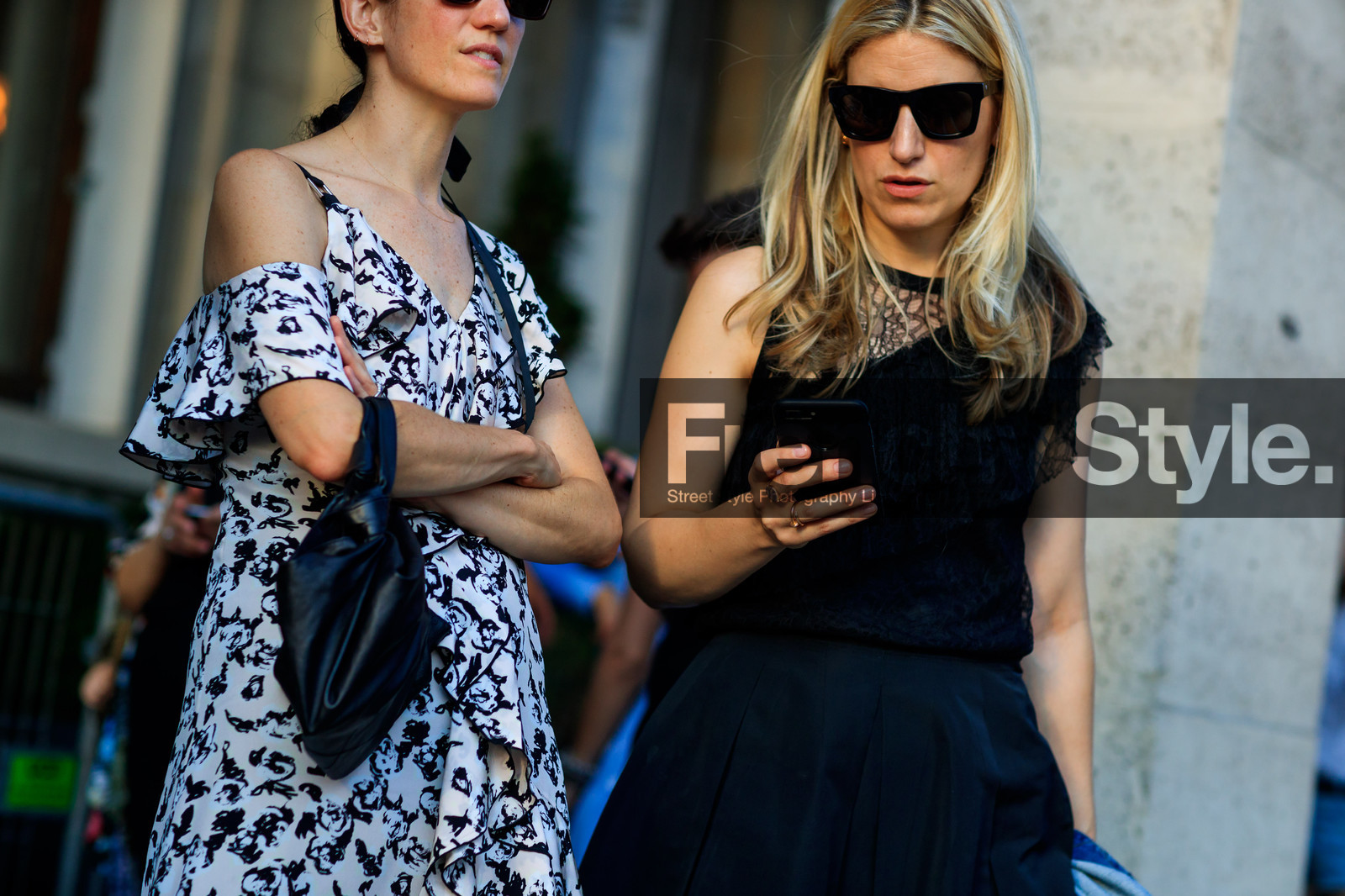 black and white, black bag, black pants, black top, graphic dress, lace top, leather bag, printed dress, sunglasses, white dress, fashion week, frenchystyle, FW, jonathan paciullo, street style, PFW, PARIS, atmosphere details, horizontal, detail, AUTUMN WINTER 2018-2019, FALL WINTER 2018-2019, FW 18-19