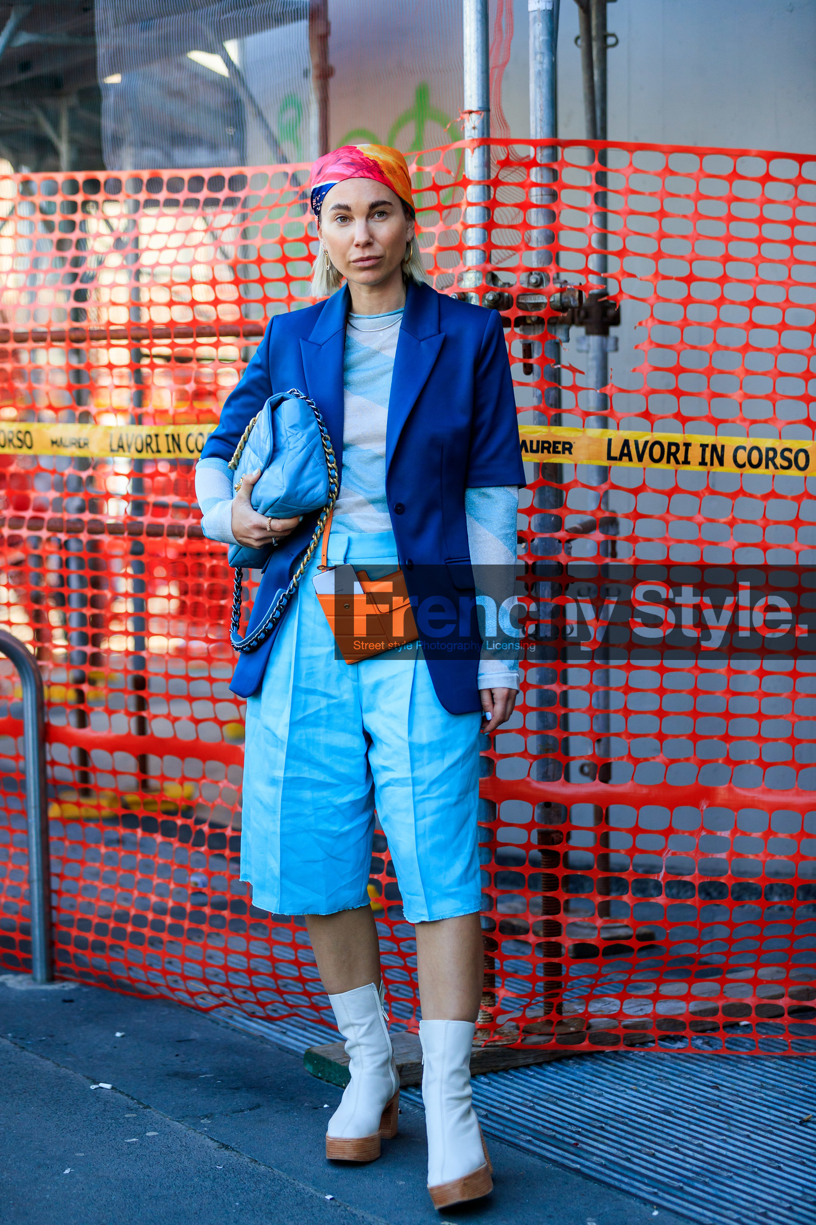 navy blue jacket, light blue pullover, light blue bermuda shorts, light blue leather bag, orange leather bag, quilted bag, chanel bag, fendi bag, crossbody bag, mini bag, hair scarf, striped pullover, lurex pullover, multicolor scarf, orange scarf, red scarf, pink scarf, short sleeves jacket, white leather boots, low boots, platform shoes, fashion week, frenchystyle, FW, jonathan paciullo, street style, MFW, MILAN, AUTUMN WINTER 2020-2021, FALL WINTER 2020-2021, FW 20-21, vertical, full length