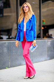 blazer, blue jacket, fashion week, frenchystyle, full length, FW, graphic bag, jonathan paciullo, leather bag, martha graeff, NEW YORK, NYFW, pink pants, SPRING SUMMER 2018, SS 18, street style, sunglasses, transparent bag, trousers, velvet, vertical