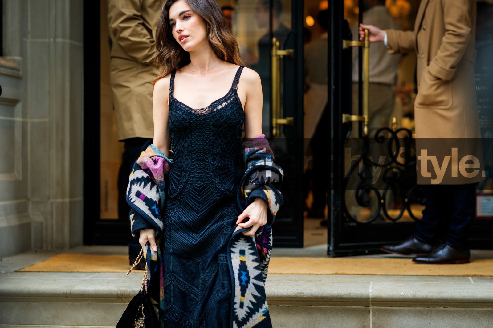 black bag, black dress, graphic jacket, leather bag, multicolor jacket, off the shoulder, patchwork, printed jacket, ralph lauren, frenchystyle, jonathan paciullo, street style, NYFW, NEW YORK, AUTUMN WINTER 2019-2020, AW 19-20, FALL WINTER 2019-2020, FW 19-20, fashion week, FW, atmosphere details, horizontal, detail