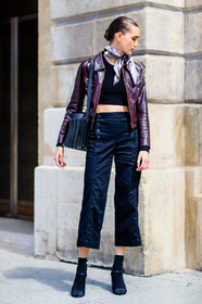 alexia bellini, AUTUMN WINTER 2016-2017, AW 16-17, beige scarf, black bag, black pants, black shoes, black socks, bordeaux, burgundy, embroidered bag, eyeshadow, FALL WINTER 2016-2017, fashion week, frenchystyle, full length, FW, FW 16-17, HAUTE COUTURE, high heels, jonathan paciullo, leather bag, leather jacket, MENSWEAR, model, PARIS, PFW, printed scarf, pulled back hair, red jacket, skincare, street style, suede shoes, trousers, vertical, wet hair