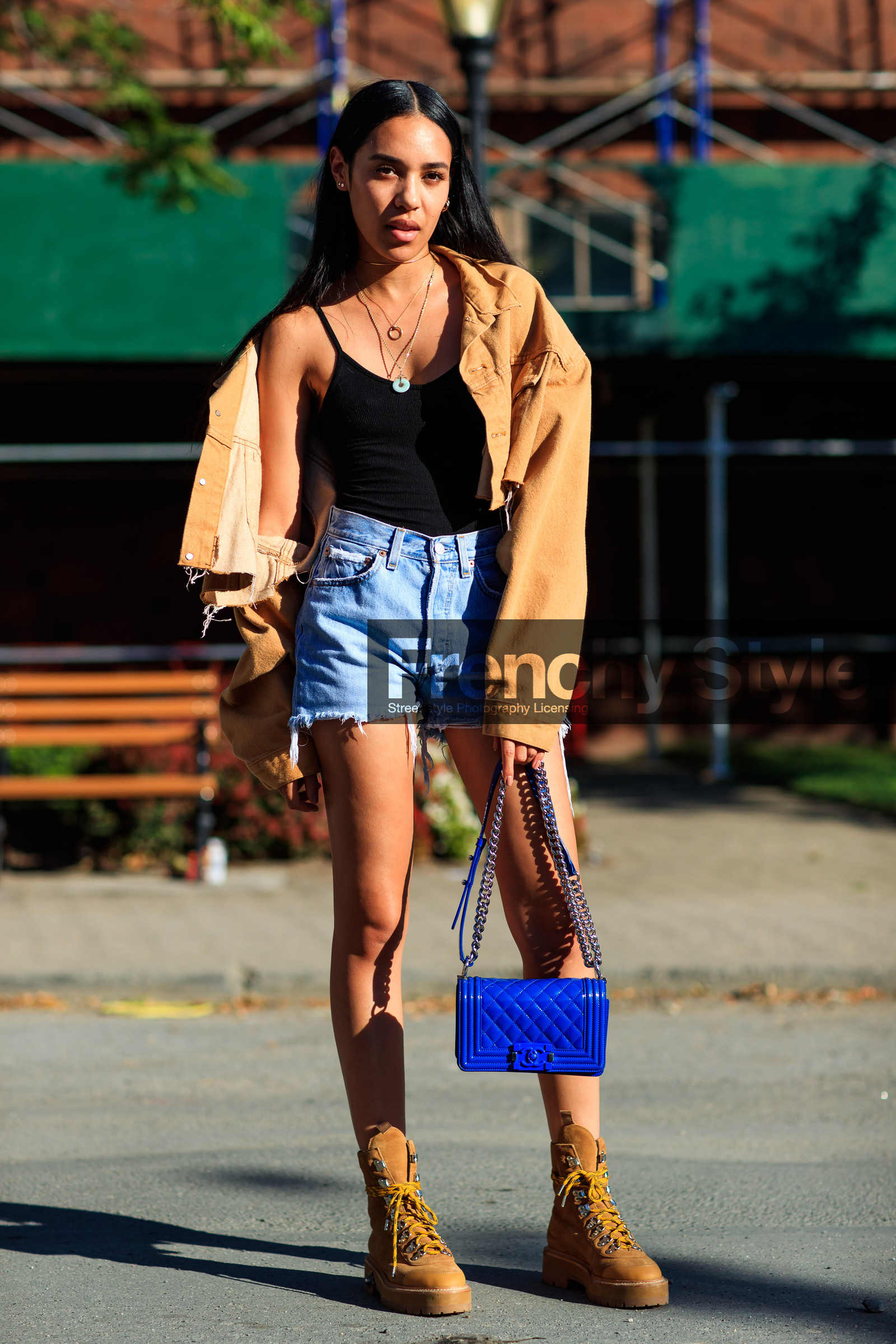 aleali may, beige boots, beige jacket, black top, blue bag, blue denim, boy bag, caterpillar, chanel, denim jacket, denim shorts, fashion week, frenchystyle, full length, FW, jonathan paciullo, leather bag, levi's, levi's strauss, NEW YORK, NYFW, SPRING SUMMER 2017, SS 17, street style, suede shoes, vertical, woman