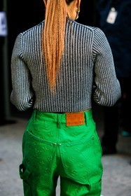 knitted top, silver top, pleated top, pony tail, dyed hair, orange hair, louis vuitton, green trousers, logo trousers, monogram pants, louis vuitton pants, fashion week, frenchystyle, FW, jonathan paciullo, street style, PFW, PARIS, menswear, FALL WINTER 2022-2023, AUTUMN WINTER 2022-2023, FW 22-23, atmosphere details, detail, vertical