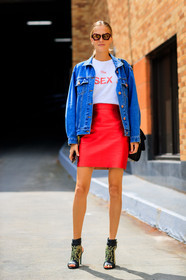 black shoes, blue denim, denim jacket, fashion week, frenchystyle, full length, FW, high heels, jonathan paciullo, leather shoes, message, NEW YORK, NYFW, printed t shirt, red skirt, SPRING SUMMER 2018, SS 18, street style, studs, sunglasses, vertical, white t shirt