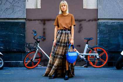 black shoes, blue bag, brown skirt, brown t shirt, checked, graphic skirt, leather bag, leather shoes, linda tol, plaid, printed skirt, tartan, street style, jonathan paciullo, FW, frenchystyle, fashion week, MFW, MILAN, SPRING SUMMER 2019, SS 19, atmosphere details, horizontal, full length