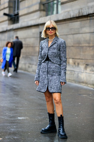 xenia adonts, grey jacket, grey skirt, black skirt, black jacket, black sunglasses, black leather boots, tweed jacket, tweed skirt, lurex jacket, lurex skirt, mini skirt, pearl necklace, square shape glasses, flat boots, chelsea boots, fashion week, frenchystyle, FW, jonathan paciullo, street style, PFW, PARIS, vertical, full length