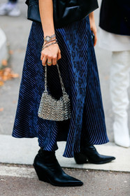 navy blue dress, striped dress, long dress, silvered bag, metal bag, metalic bag, paco rabanne bag, paco rabanne boots, silvered watch, floral printed dress, cowboy boots, black leather boots, julia comil, street style, jonathan paciullo, FW, frenchystyle, fashion week, MFW, MILAN, SPRING SUMMER 2021, SS 21, vertical, detail