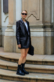 pernille teisbaek, low boots, black leather jacket, black leather clutch, black leather boots, chelsea boots, bottega veneta bag, fringe bag, butterfly sunglasses, futurist shape sunglasses, big sole boots, fashion week, frenchystyle, FW, jonathan paciullo, street style, MFW, MILAN, SPRING SUMMER 2020, SS 20