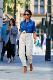 denim shirt, light beige pants, high waist pants, cargo pants, high heels shoes, open toe shoes, camel suede shoes, aviator sunglasses, rolex watch, square shape glasses, fashion week, frenchystyle, FW, jonathan paciullo, street style, vertical, full length