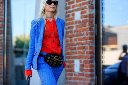 atmosphere details, black bag, blazer, blue jacket, blue pants, blue suit, detail, embroidered bag, fanny pack, fashion week, frenchystyle, FW, graphic bag, graphic jacket, graphic pants, graphic suit, gucci, horizontal, jonathan paciullo, leather bag, MFW, MILAN, printed bag, printed jacket, printed pants, printed suit, red sweater, SPRING SUMMER 2018, SS 18, street style, sunglasses, thora valdimars, trousers