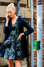 black trench coat, black dress, black earrings, black leather bag, brocart dress, floral embroidered dress, floral printed dress, green dress, kaki dress, bronze dress, round shape bag, chanel bag, crossbody bag, golden chain strap bag, mini dress, pearl earrings, round shape earrings, street style, jonathan paciullo, FW, frenchystyle, fashion week, MFW, MILAN, SPRING SUMMER 2021, SS 21, vertical, detail