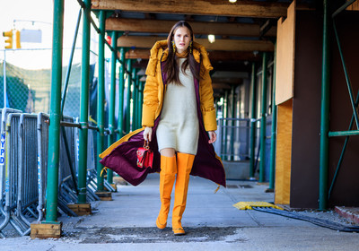 bordeaux, burgundy, earrings, embroidered bag, high boots, knit dress, leather bag, leather shoes, red bag, white dress, yellow boots, yellow coat, street style, jonathan paciullo, FW, frenchystyle, fashion week, NYFW, NEW YORK, AUTUMN WINTER 2018-2019, AW 18-19, FALL WINTER 2018-2019, FW 18-19, atmosphere details, horizontal, full length, model, alla kostromichova