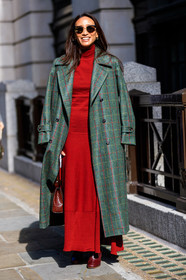 bordeaux, burgundy, checked, elizabeth von der goltz, green coat, high boots, high heels, leather shoes, over the shoulder, plaid, red boots, red dress, sunglasses, fashion week, frenchystyle, FW, jonathan paciullo, street style, LFW, LONDON, SPRING SUMMER 2019, SS 19, vertical, full length