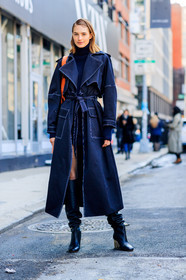 black jacket, blue pants, checked, corduroy, dyed hair, leather jacket, leather shoes, patchwork, pink hair, plaid, shiny shoes, silver shoes, trousers, street style, jonathan paciullo, FW, frenchystyle, fashion week, NYFW, NEW YORK, AUTUMN WINTER 2018-2019, AW 18-19, FALL WINTER 2018-2019, FW 18-19, vertical, full length, model