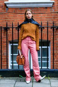 black scarf, camel bag, camel sweater, cape, fashion week, frenchystyle, full length, FW, irina lakicevic, jonathan paciullo, leather bag, leather pants, leather shoes, LFW, loewe, LONDON, pink pants, SPRING SUMMER 2017, SS 17, street style, studs, transparent heel, trousers, vertical, white boots, woman