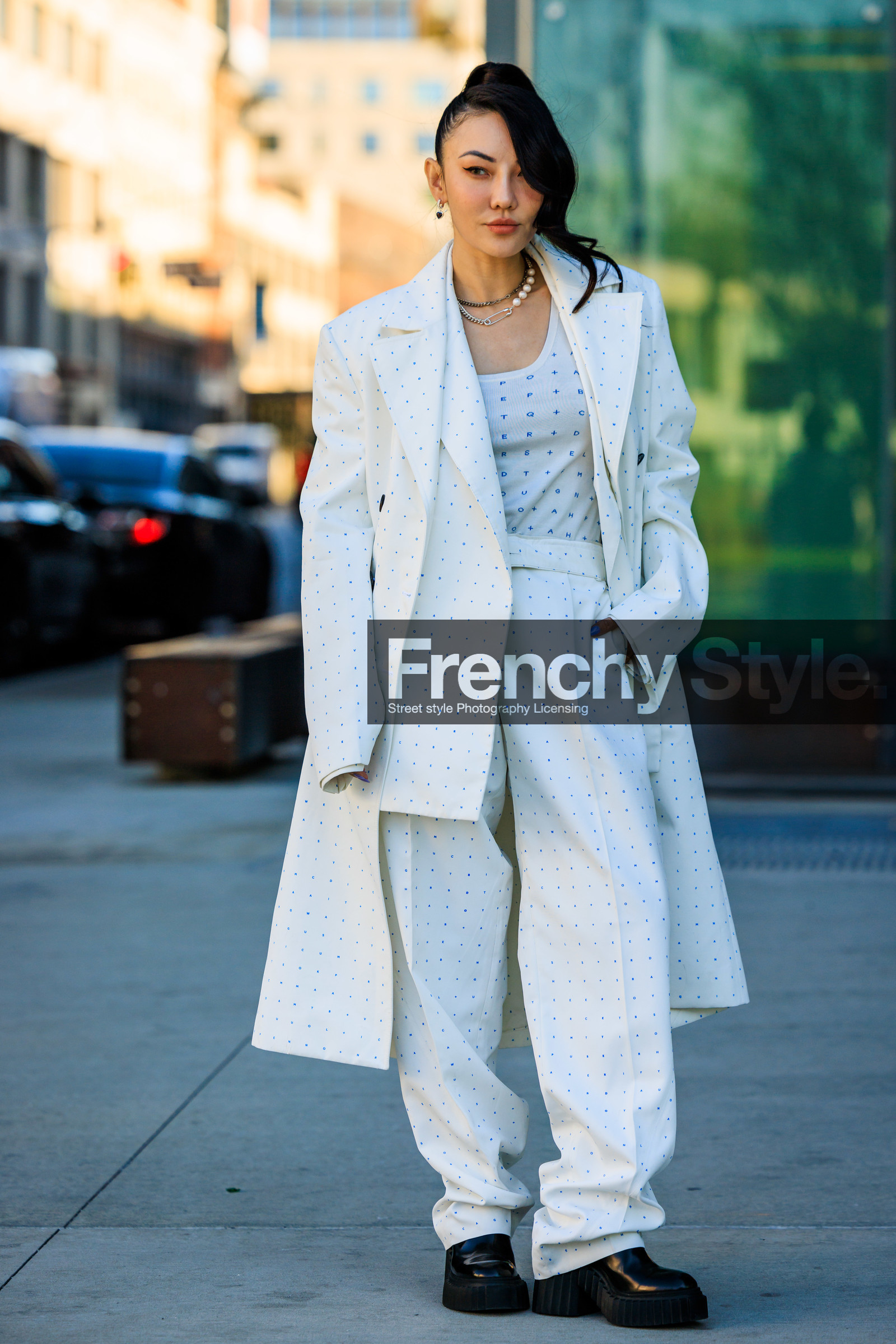 full white look, white dot jacket, white dot tankytop, white dot pants, pearl necklace, high pony tail, chunky boots, black boots, jessica wang, street style, jonathan paciullo, FW, frenchystyle, fashion week, NYFW, NEW YORK, AUTUMN WINTER 2022-2023, FALL WINTER 2022_2023, FW 22-23, vertical, full length