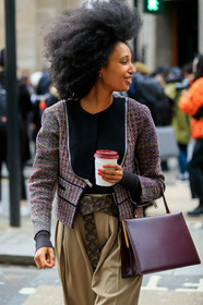 julia sarr jamois, julia sarr-jamois, tweed jacket, black jacket, zipped jacket, red jacket, multicolor jacket, high waist pants, brown leather belt, monogrammed belt, louis vuitton belt, burgundy leather bag, hand bag, beige pants, loose pants, carrot pants, belted pants, fashion week, frenchystyle, FW, jonathan paciullo, street style, LFW, LONDON, AUTUMN WINTER 2020-2021, FALL WINTER 2020-2021, FW 20-21, vertical, atmosphere details, detail