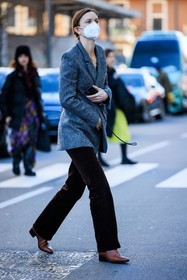 mask, grey blazer, wool blazer, velvet pants, brown blazer, brown boots, leather boots, iphone, fashion week, frenchystyle, FW, jonathan paciullo, street style, vertical, full length