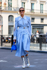 blue bag, blue shirt, blue skirt, fendi, graphic shirt, graphic skirt, high heels, lace, leather bag, leather shoes, pleated skirt, printed shirt, printed skirt, shiny boots, silver shoes, sunglasses, PFW, fashion week, frenchystyle, FW, jonathan paciullo, street style, PARIS, vertical, full length, AUTUMN WINTER 2018-2019, FALL WINTER 2018-2019, FW 18-19, helena bordon