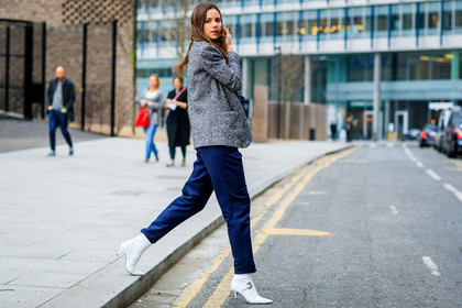 atmosphere details, AUTUMN WINTER 2017-2018, AW 17-18, balenciaga, blazer, blue jumpsuit, earrings, FALL WINTER 2017-2018, fashion week, florrie thomas, frenchystyle, full length, FW, FW 17-18, grey jacket, high heels, horizontal, jonathan paciullo, leather shoes, LFW, LONDON, louis vuitton, street style, trousers, white shoes