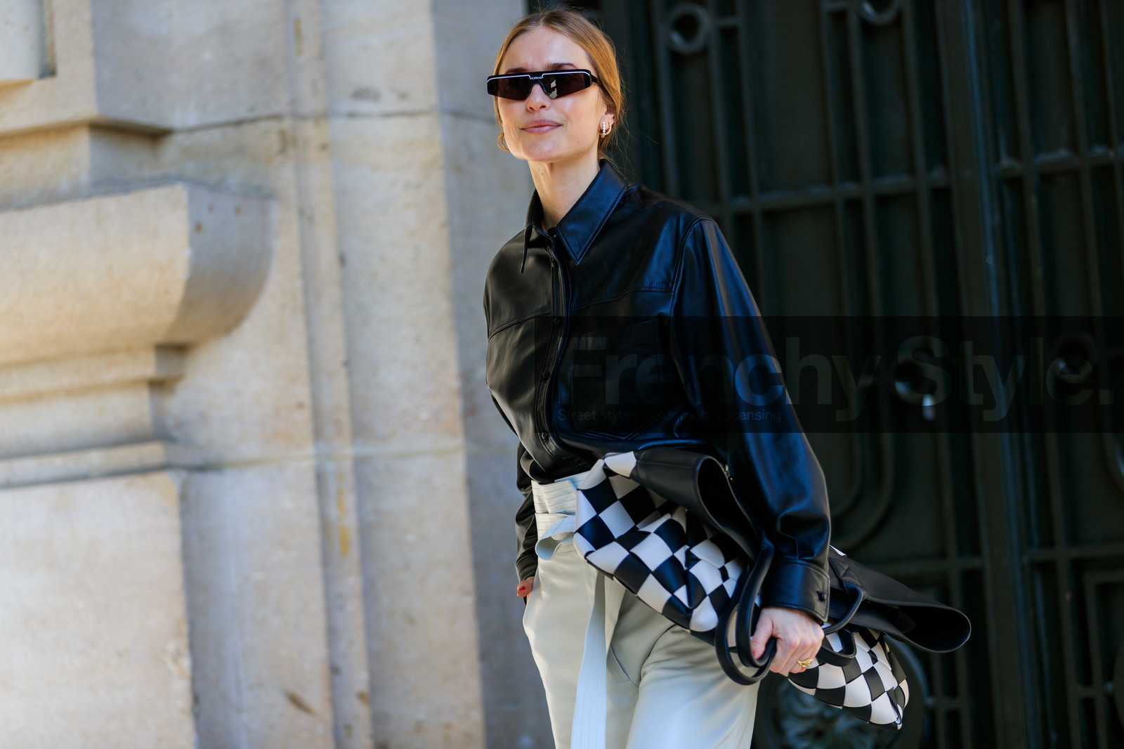 black and white bag, black shirt, checked, graphic bag, leather bag, leather pants, leather shirt, pernille teisbaek, plaid, printed bag, sunglasses, trousers, white pants, PARIS, PFW, street style, jonathan paciullo, FW, frenchystyle, fashion week, AUTUMN WINTER 2019-2020, AW 19-20, FALL WINTER 2019-2020, FW 19-20, horizontal, atmosphere details, detail