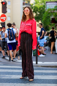 black bag, black pants, graphic pants, leather shoes, printed pants, red shirt, striped pants, sunglasses, trousers, tucked in, fashion week, frenchystyle, FW, jonathan paciullo, street style, PFW, PARIS, vertical, full length, AUTUMN WINTER 2018-2019, FALL WINTER 2018-2019, FW 18-19, madelynn furlong