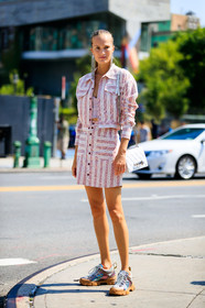 alla kostromichova, graphic jacket, graphic skirt, gucci, leather shoes, pink jacket, pink skirt, pink sneakers, pink top, printed jacket, printed skirt, striped jacket, striped skirt, white bag, fashion week, frenchystyle, FW, jonathan paciullo, street style, NYFW, NEW YORK, SPRING SUMMER 2019, SS 19, vertical, full length