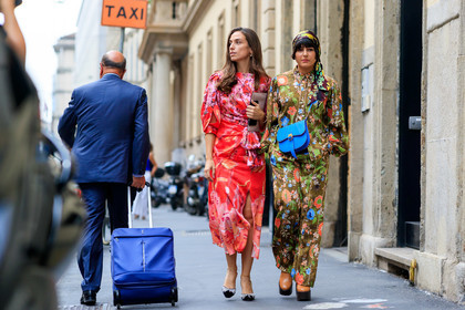 maria bernad, erika boldrin, blue leather bag, brown pants, brown shirt, camel leather shoes, crossbody bag, floral print total look, floral printed pants, floral printed scarf, floral printed shirt, loose pants, loose shirt, peter pilotto bag, platform shoes, pyjama look, silk pants, silk scarf, silk shirt, wooden heels shoes, velvet shoes, split dress, silk dress, red leather clutch, red dress, pink dress, pearl detail shoes, long sleeves dress, long dress, light beige clutch, floral printed dress, camel leather clutch, belted dress, ankle bracelet, fashion week, frenchystyle, FW, jonathan paciullo, street style, MFW, MILAN, SPRING SUMMER 2020, SS 20