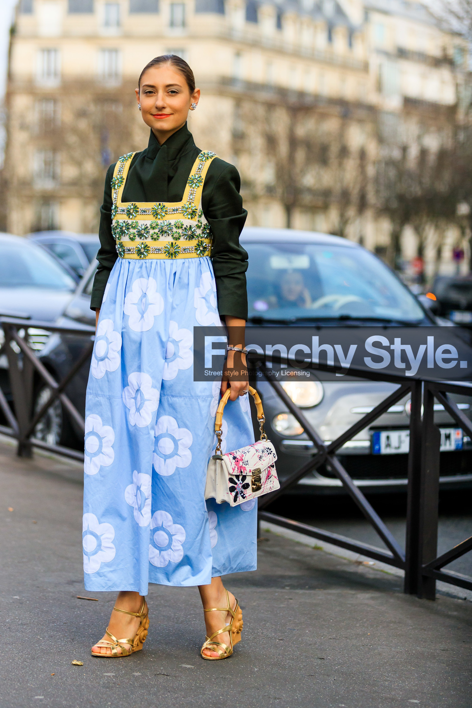 jenny walton, light blue dress, sequins dress, pearl embroidered dress, floral printed dress, long dress, sleeveless dress, black jacket, high collar jacket, golden sandals, platform sandals, white leather bag, floral printed bag, painted bag, hand bag, purple bag, purple leather bag, pink leather bag, pink bag, strassed dress, strassed earrings, flowers earrings, miu miu bag, miu miu dress, miu miu look, miu miu shoes, fashion week, frenchystyle, FW, jonathan paciullo, street style, PFW, PARIS, vertical, full length