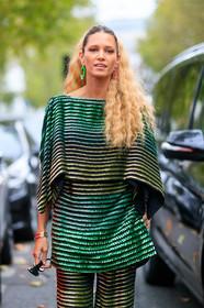 helena bordon, sequins pants, sequins top, striped pants, striped top, short sleeves top, green top, green pants, yellow pants, yellow top, neon green earrings, pink earrings, dangling earrings, PARIS, PFW, SPRING SUMMER 2020, SS 20, fashion week, frenchystyle, FW, jonathan paciullo, street style, vertical, atmosphere details, detail