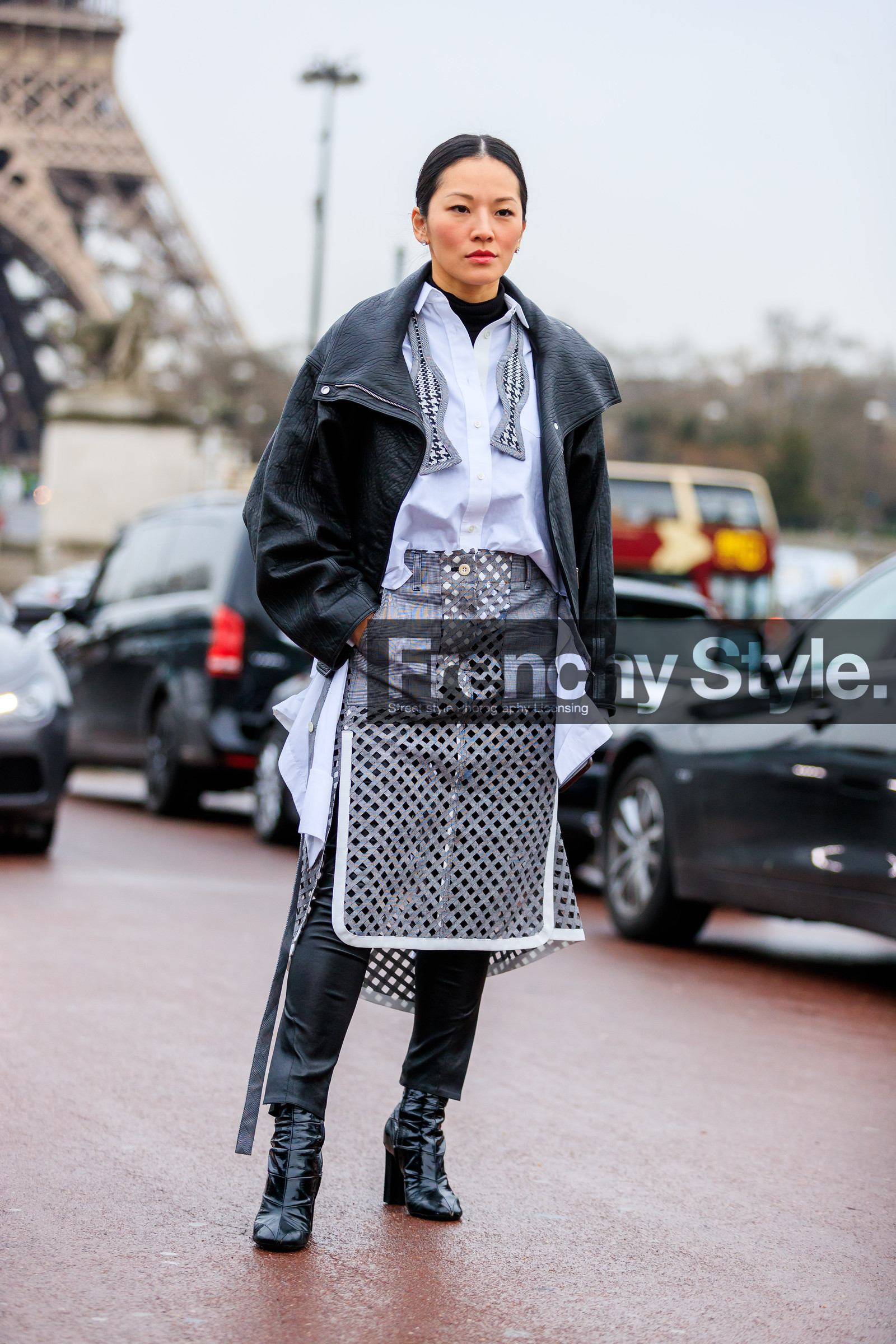 AUTUMN WINTER 2017-2018, AW 17-18, black jacket, black pants, black perfecto, black shoes, bow tie, checked skirt, FALL WINTER 2017-2018, fashion week, frenchystyle, full length, FW, FW 17-18, graphic skirt, grey skirt, high heels, jonathan paciullo, leather jacket, leather pants, leather perfecto, leather shoes, PARIS, PFW, street style, tina leung, trousers, tucked in, vertical, white shirt