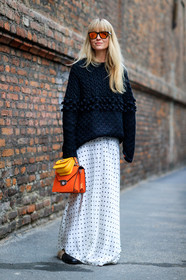 AUTUMN WINTER 2017-2018, AW 17-18, black knit, black sweater, FALL WINTER 2017-2018, fashion week, frenchystyle, full length, FW, FW 17-18, jeanette madsen, jonathan paciullo, leather bag, leather shoes, long skirt, MFW, MILAN, mini bag, orange bag, polka dot, printed skirt, street style, sunglasses, vertical, white skirt, yellow bag