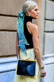 black bag, black top, blue scarf, caro daur, earrings, headscarf, leather bag, pleated skirt, sunglasses, yellow skirt, fashion week, frenchystyle, FW, jonathan paciullo, street style, MFW, MILAN, SPRING SUMMER 2019, SS 19, vertical, atmosphere details, detail