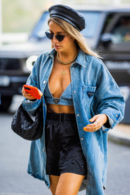 sunglasses, prada top, prada shorts, bottega veneta bag, denim, necklace, black, fashion week, frenchystyle, FW, jonathan paciullo, street style, SPRING SUMMER 2022, SS 22, LFW, LONDON, vertical, atmosphere details, detail