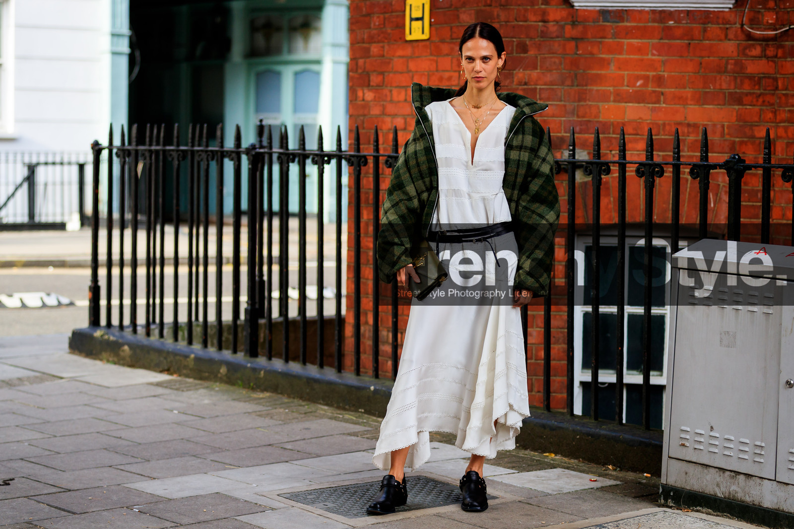aymeline valade, black belt, black shoes, checked, graphic jacket, green bag, green jacket, jw anderson, leather bag, leather belt, leather shoes, model, necklace, plaid, printed jacket, tartan, white dress, fashion week, frenchystyle, FW, jonathan paciullo, street style, LFW, LONDON, SPRING SUMMER 2019, SS 19, atmosphere details, horizontal, full length