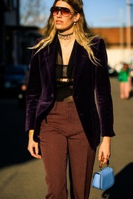 pilot glasses; red glasses; gucci; purple blazer; velvet blazer; cut out top; pearl earrings; gucci choker; straight cut pants; red pants; blue handbag; mini bag; gucci bamboo bag