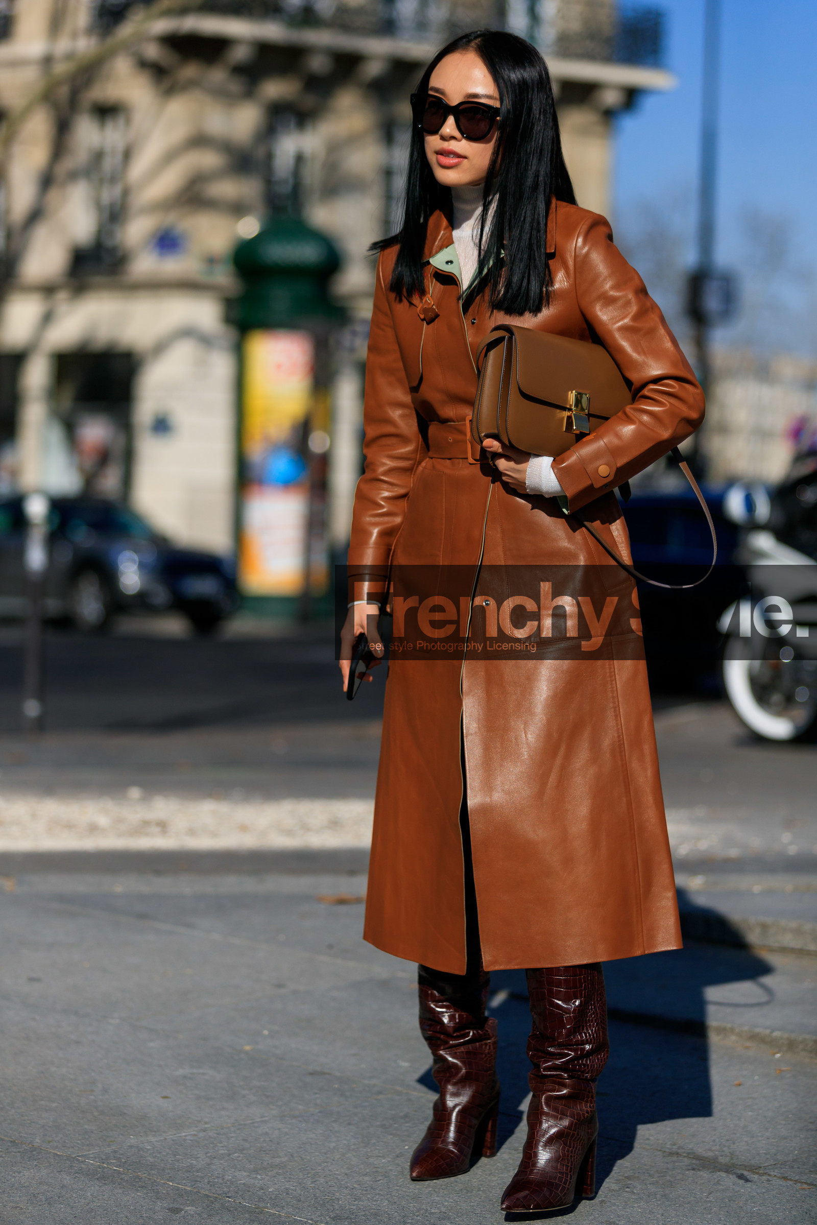 brown bag, brown boots, brown coat, céline, high boots, high heels, leather bag, leather coat, leather shoes, sunglasses, PARIS, PFW, street style, jonathan paciullo, FW, frenchystyle, fashion week, AUTUMN WINTER 2019-2020, AW 19-20, FALL WINTER 2019-2020, FW 19-20, vertical, full length
