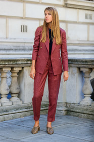 monica ainley, suits, burgundy suits, tailored pants, burgundy jacket, burgundy pants, celine shoes, animal skin shoes, sharp end shoes, fashion week, frenchystyle, FW, jonathan paciullo, street style, vertical, full length