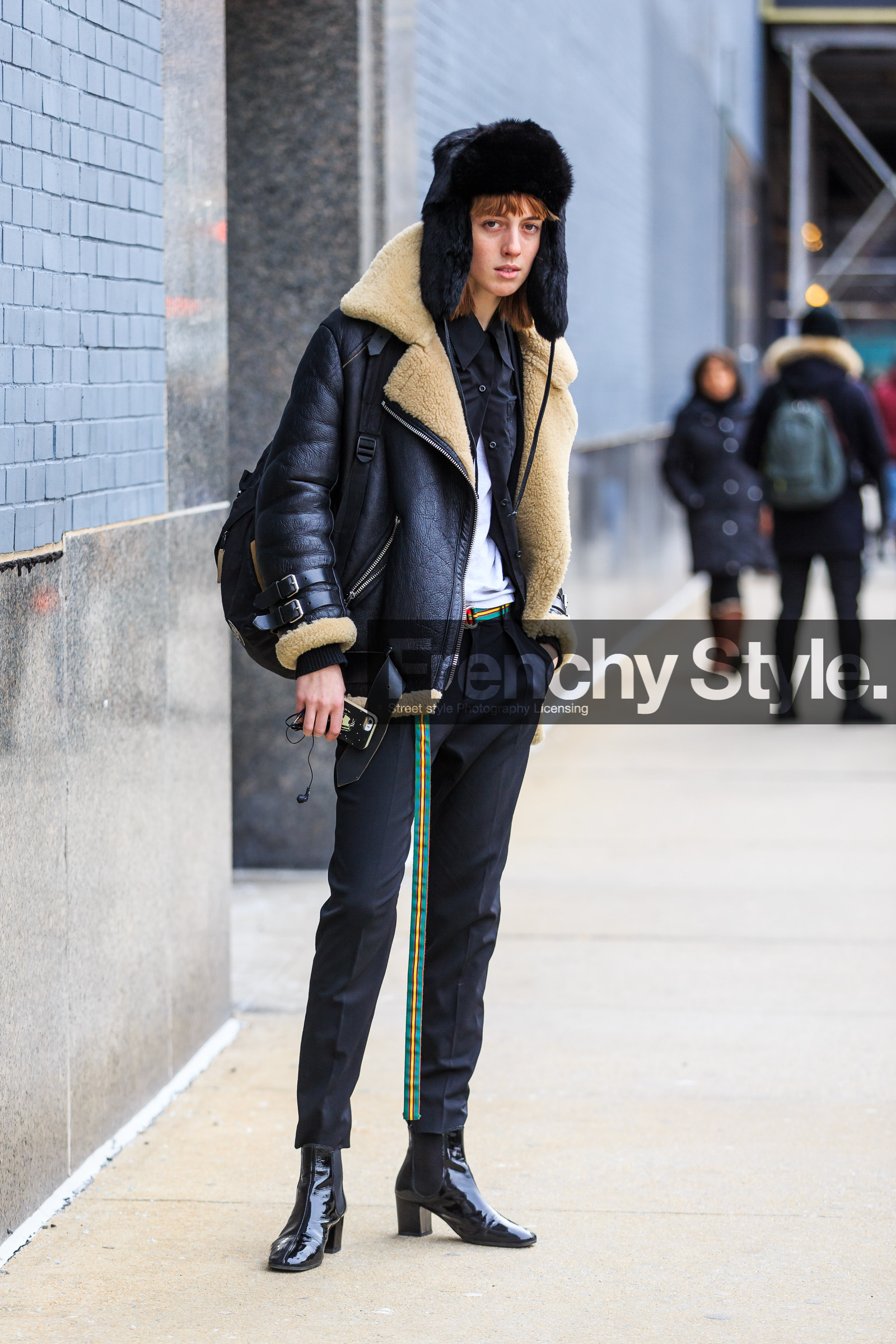 acne studios, AUTUMN WINTER 2016-2017, AW 16-17, backpack, black boots, black hat, black jacket, black pants, black shirt, chapka, fashion week, frenchystyle, full length, fur collar, fur hat, FW, FW 16-17, green belt, jonathan paciullo, leather boots, leather jacket, leather perfecto, model, NEW YORK, NYFW, sheep fur, street style, suede jacket, teddy quinlivan, varnished leather shoes, vertical, woman