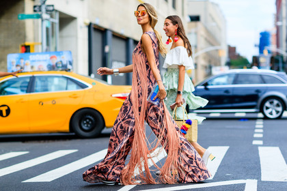 atmosphere details, blue bag, fashion week, floral, frenchystyle, fringes, full length, FW, horizontal, jonathan paciullo, martha graeff, NEW YORK, NYFW, pink, printed jumpsuit, purple, SPRING SUMMER 2017, SS 17, street style, sunglasses, turquoise, woman