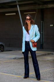 estelle pigault, animal skin bag, brown leather bag, brown scale sunglasses, chain strap bag, chloe bag, dark blue jeans, denim, flare jeans, golden chain strap bag, gucci sunglasses, hoop earrings, leather jacket, light blue jacket, retro shape glasses, square shape glasses, white t-shirt, fashion week, frenchystyle, FW, jonathan paciullo, street style, vertical, full length