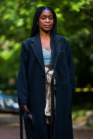 beige skirt, black coat, blue crop top, coat, crop top, Rajni Lucienne Jacques, skirt, street style, jonathan paciullo, FW, frenchystyle, fashion week, PFW, PARIS, SPRING SUMMER 2022, SS 22, vertical, atmosphere details