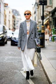 black bag, black shoes, blazer, crop top, grey jacket, high heels, houndstooth pattern, lace top, leather bag, leather shoes, lisa aiken, necklace, sunglasses, white skirt, white top, fashion week, frenchystyle, FW, jonathan paciullo, street style, LFW, LONDON, SPRING SUMMER 2019, SS 19, vertical, full length
