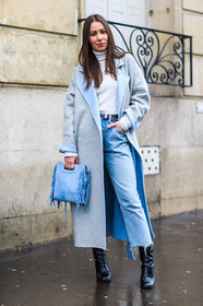 AUTUMN WINTER 2016-2017, AW 16-17, black boots, blue bag, blue denim, denim pants, FALL WINTER 2016-2017, fashion week, frenchystyle, fringes, full length, FW, FW 16-17, grey coat, high heels, jeans, jonathan paciullo, leather boots, PARIS, PFW, roger vivier, street style, suede bag, trousers, turtleneck sweater, vertical, white knit, white sweater