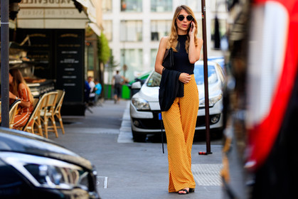 black bag, black jacket, black top, leather bag, orange pants, polka dot, sunglasses, trousers, PFW, fashion week, frenchystyle, FW, jonathan paciullo, street style, PARIS, horizontal, atmosphere details, full length, AUTUMN WINTER 2018-2019, FALL WINTER 2018-2019, FW 18-19